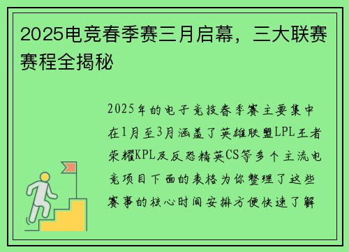 2025电竞春季赛三月启幕，三大联赛赛程全揭秘